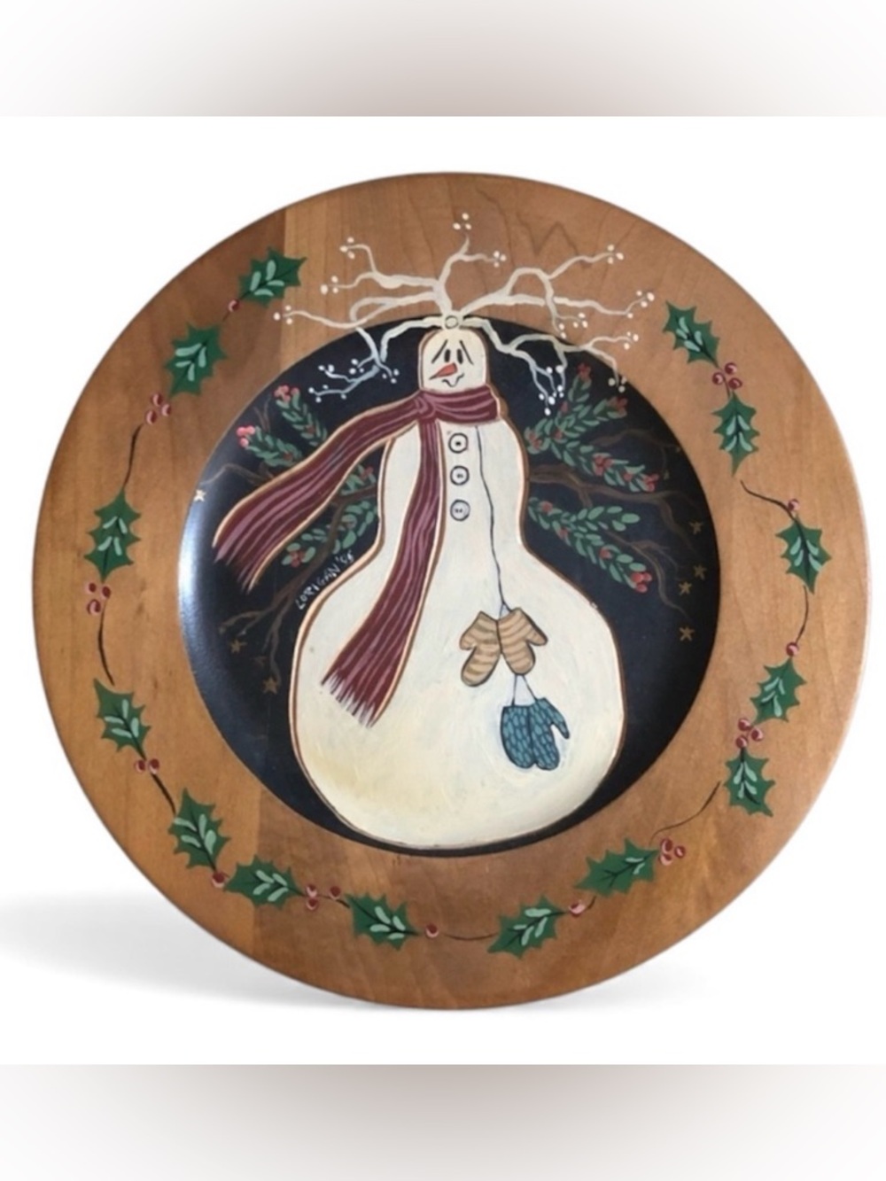 Hand-Painted Primitive Artist Signed Wood Plate Wall Plaque - Snowman Christmas